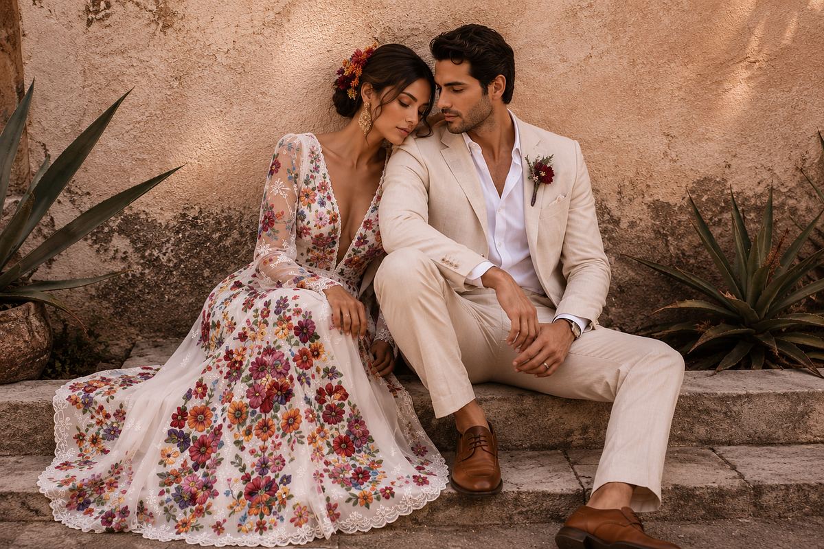 Pareja en un momento íntimo de celebración, luz cálida y composición editorial