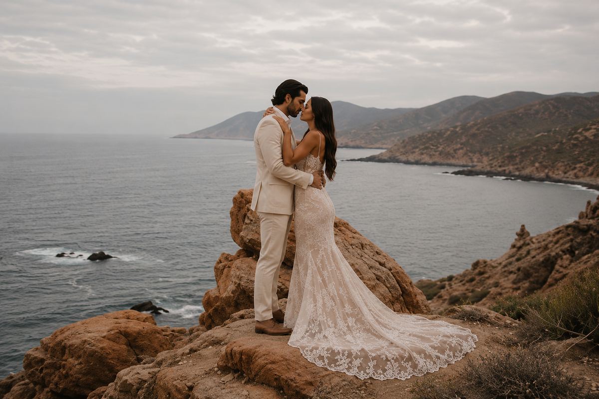 Boda editorial en la costa del Pacífico de Baja California con luz de mañana y elegancia serena