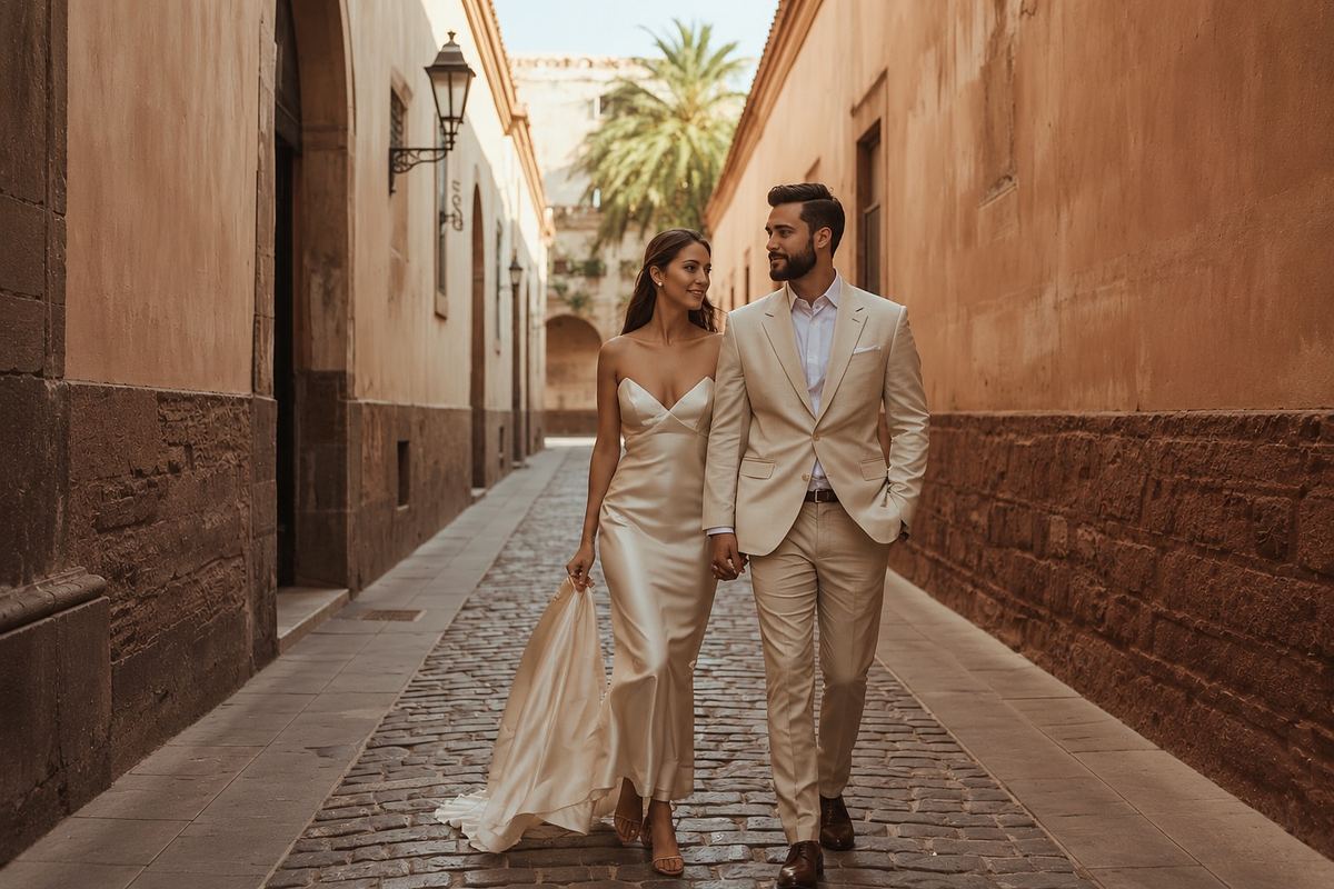 Pareja en un momento íntimo de celebración, luz cálida y composición editorial