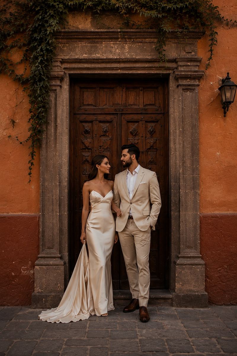 Pareja en un momento de celebración íntimo, composición editorial de cierre